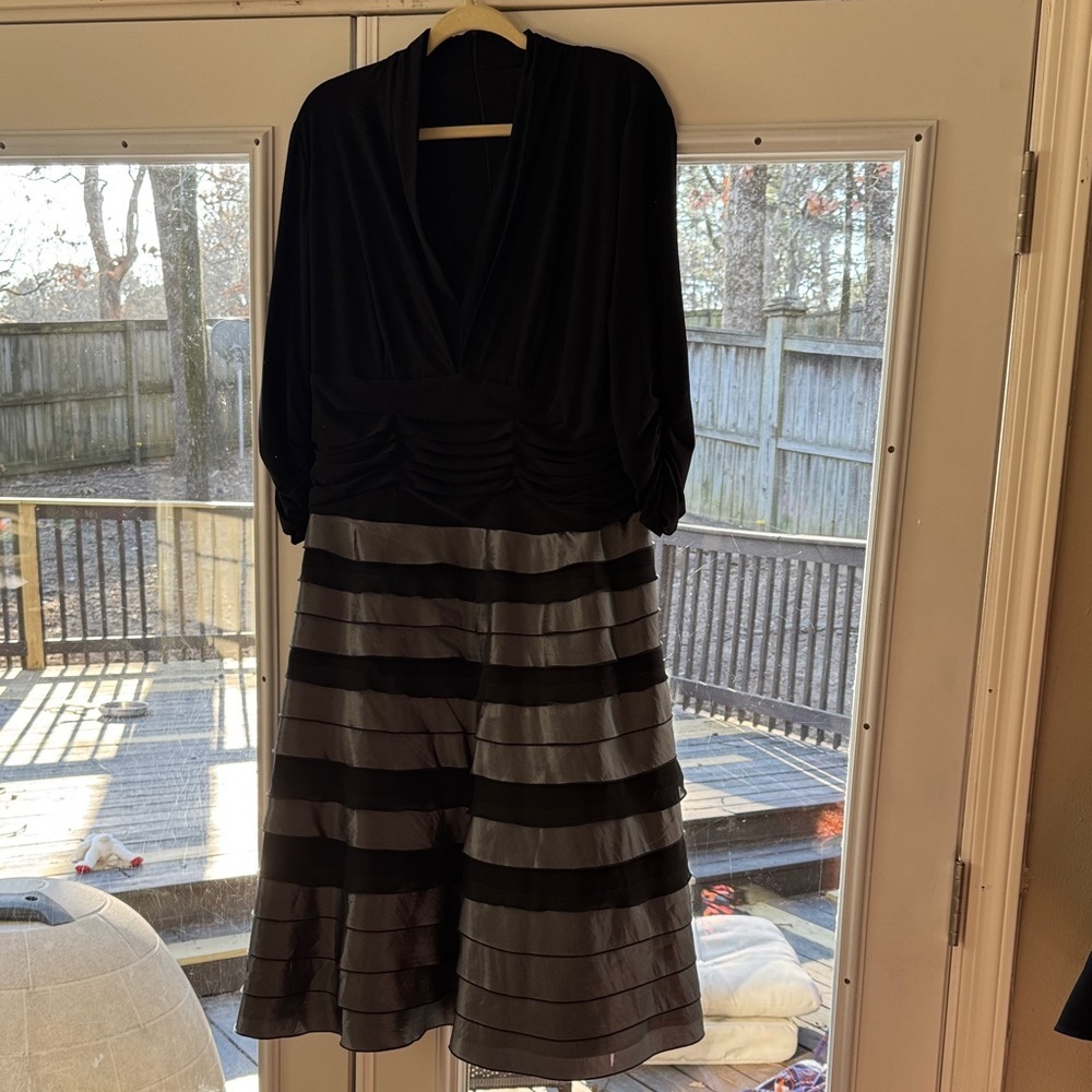 SL Fashions Black and Silver Long Draped Neckline Tiered Dress 16W